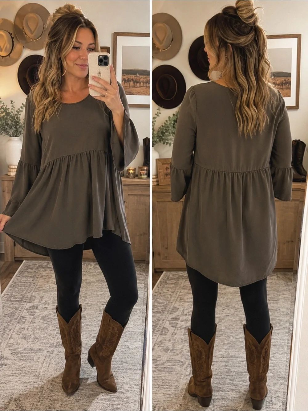 Boden Olive Green Lyocell Babydoll Tunic Top Bell Sleeve Boho Size US 4